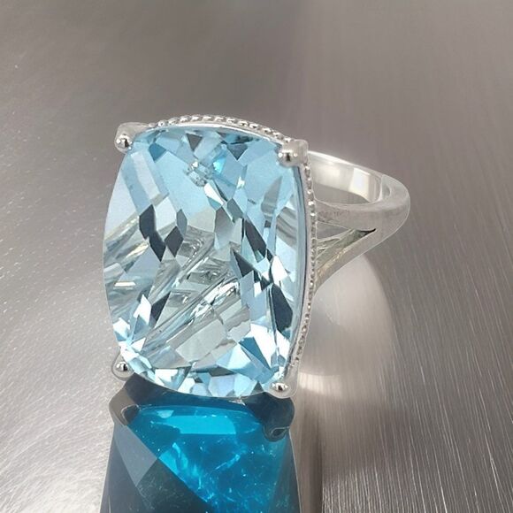 Natural Solitaire Blue Topaz Ring 6.5 14k WG 19.58 Cts Certified $3,950 310546 - Picture 13 of 16